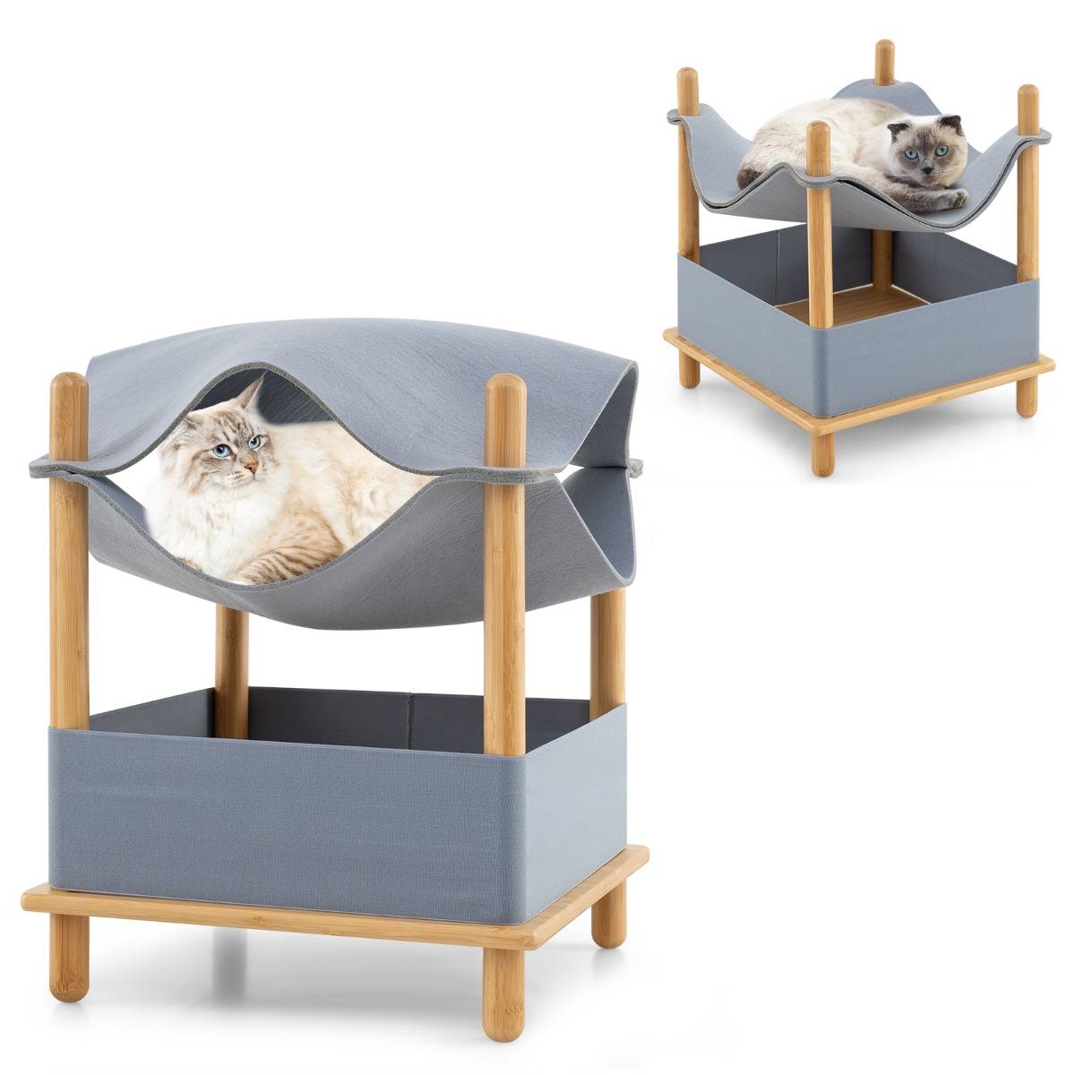 Maison pour Chat en Bois à 2 Niveaux Arbre à Chat Moderne avec Condo Semi-Clos Vêtements Amovibles Espace de Rangement Lit Hamac Élevé Gris - Image 5