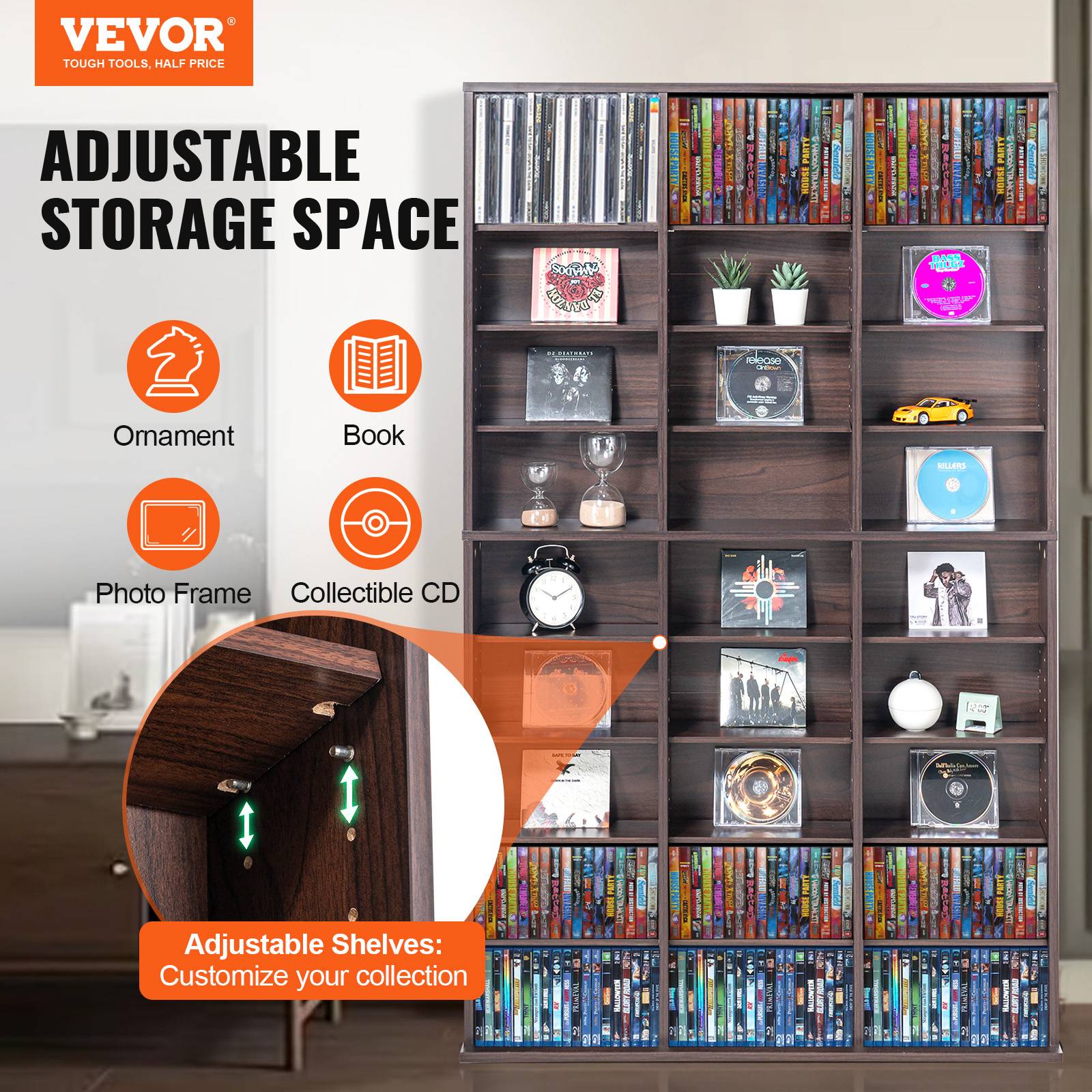 VEVOR Armoire rangement CD/DVD, 27 compartiments, 9 couches, 756 CD. Marron foncé. - Image 2