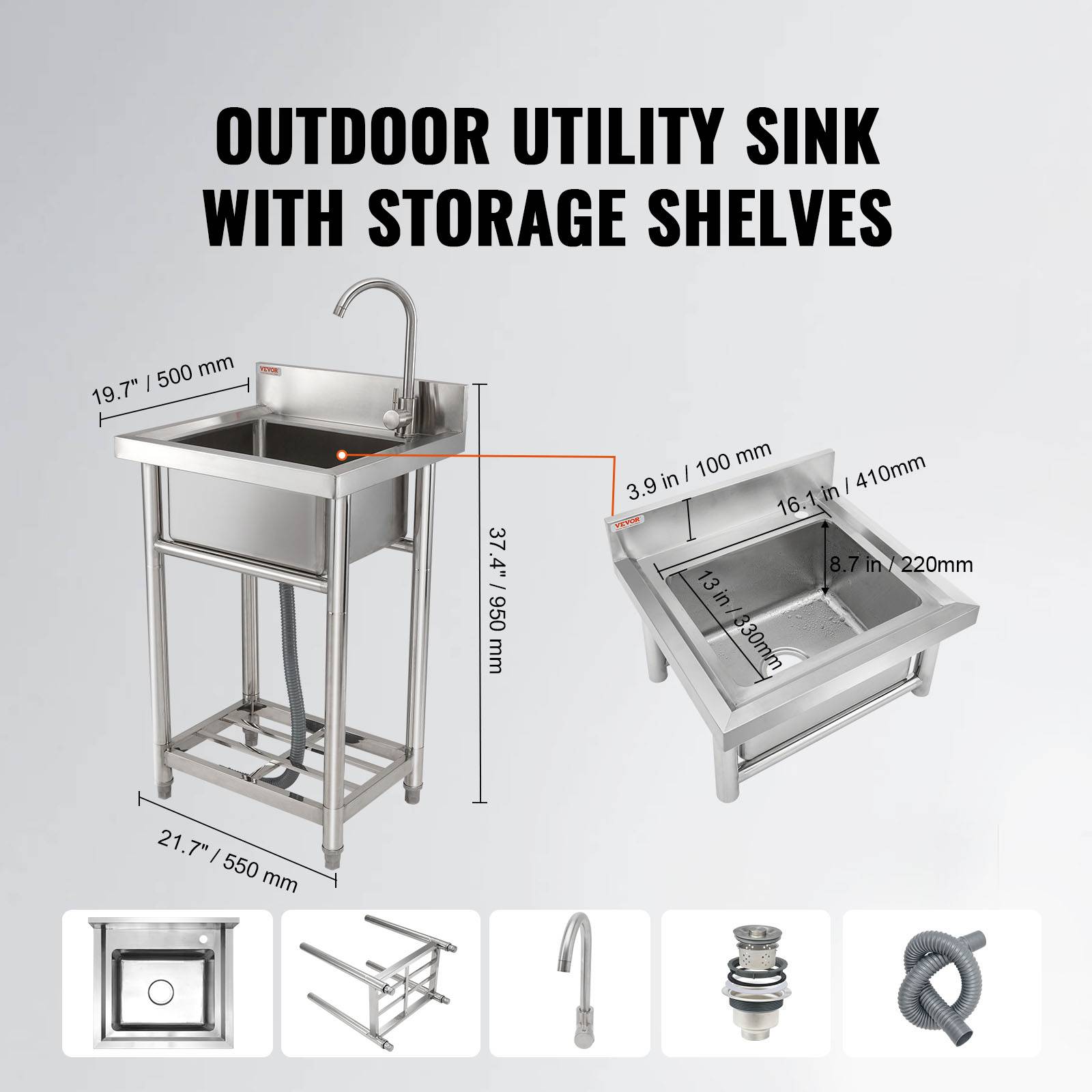 VEVOR Évier cuisine acier inox autoportant, cuve simple avec robinet, 55x50x95cm pour garage, restaurant. - Image 2