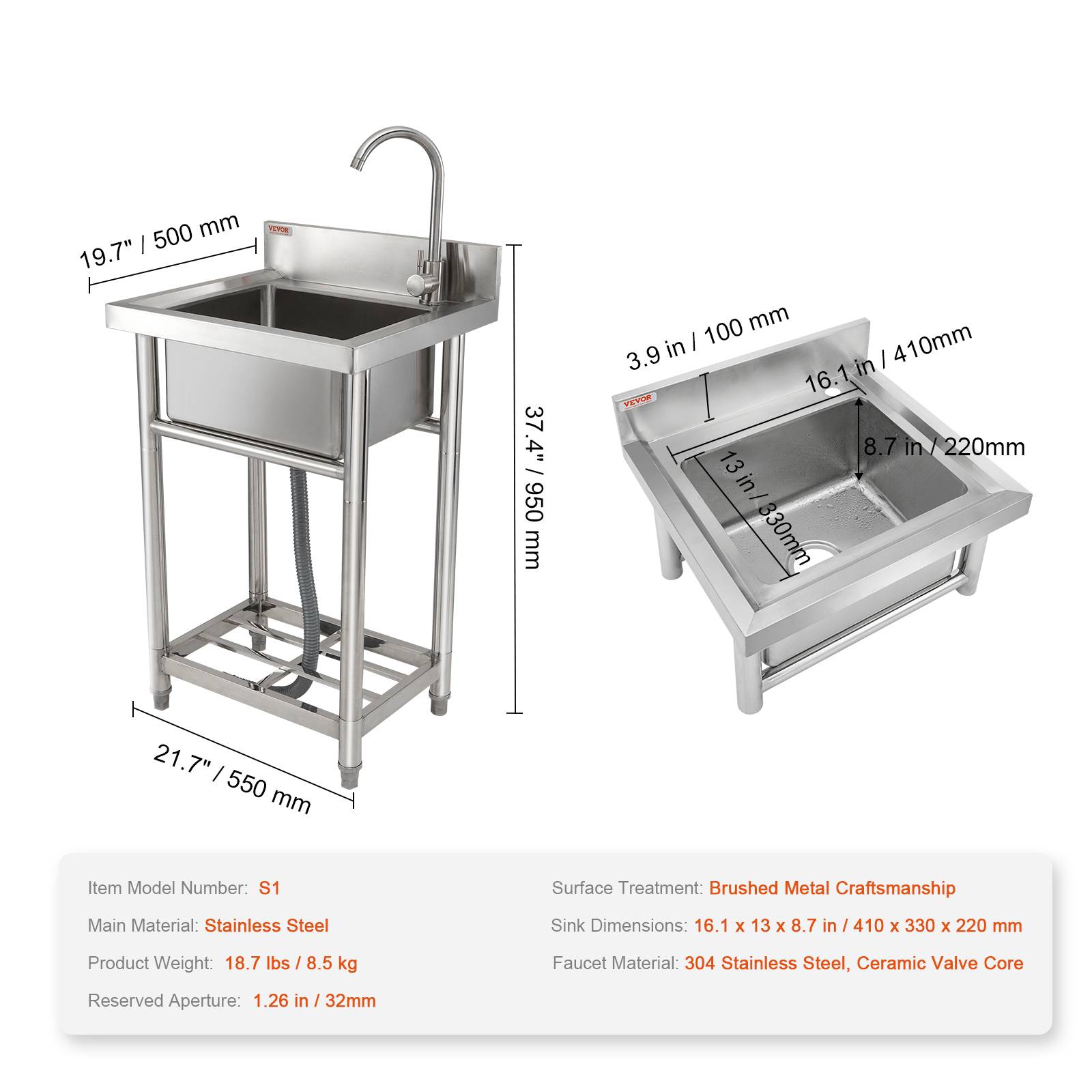 VEVOR Évier cuisine acier inox autoportant, cuve simple avec robinet, 55x50x95cm pour garage, restaurant. - Image 7