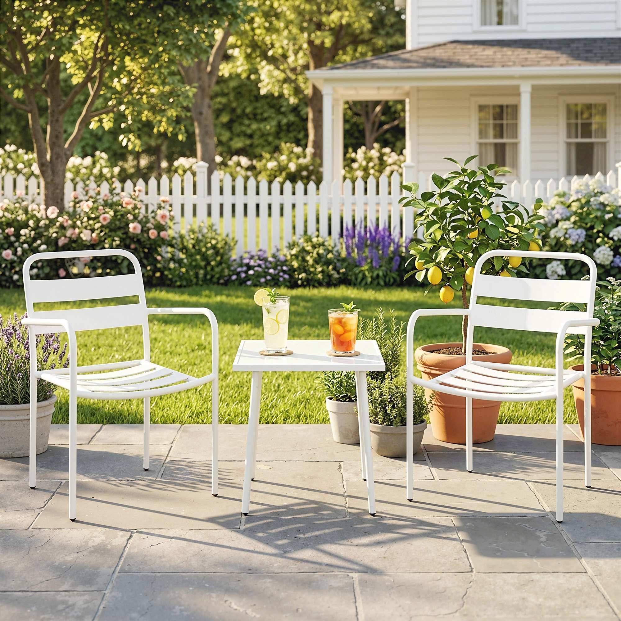 Ensemble bistrot 3 pièces en métal avec 2 chaises et table en verre, design à lattes résistant à la rouille - Image 2