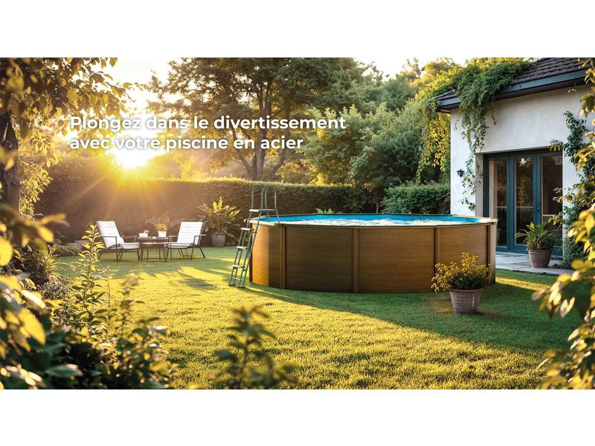 Gre Pools - Piscine ronde acier Ø5,70m x H: 1,32m - Imitation bois - Filtration à sable - Image 5