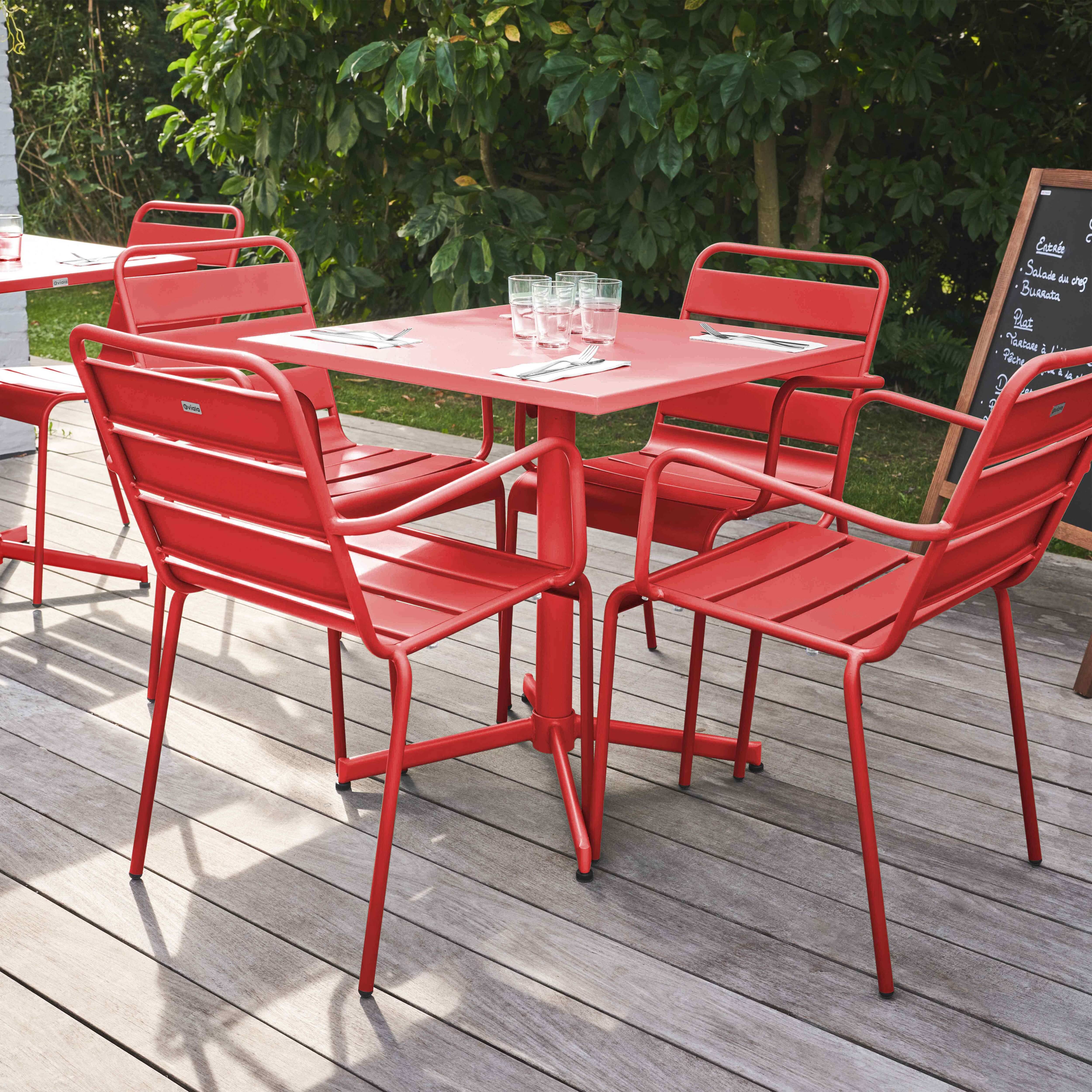 Oviala - Ensemble table de jardin 70 cm et 4 fauteuils en métal rouge Palavas - Oviala - Imagen 2