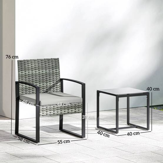 Ensemble bistro rotin 3 pièces : 2 fauteuils de jardin + table basse, coussins amovibles, gris clair - Image 3