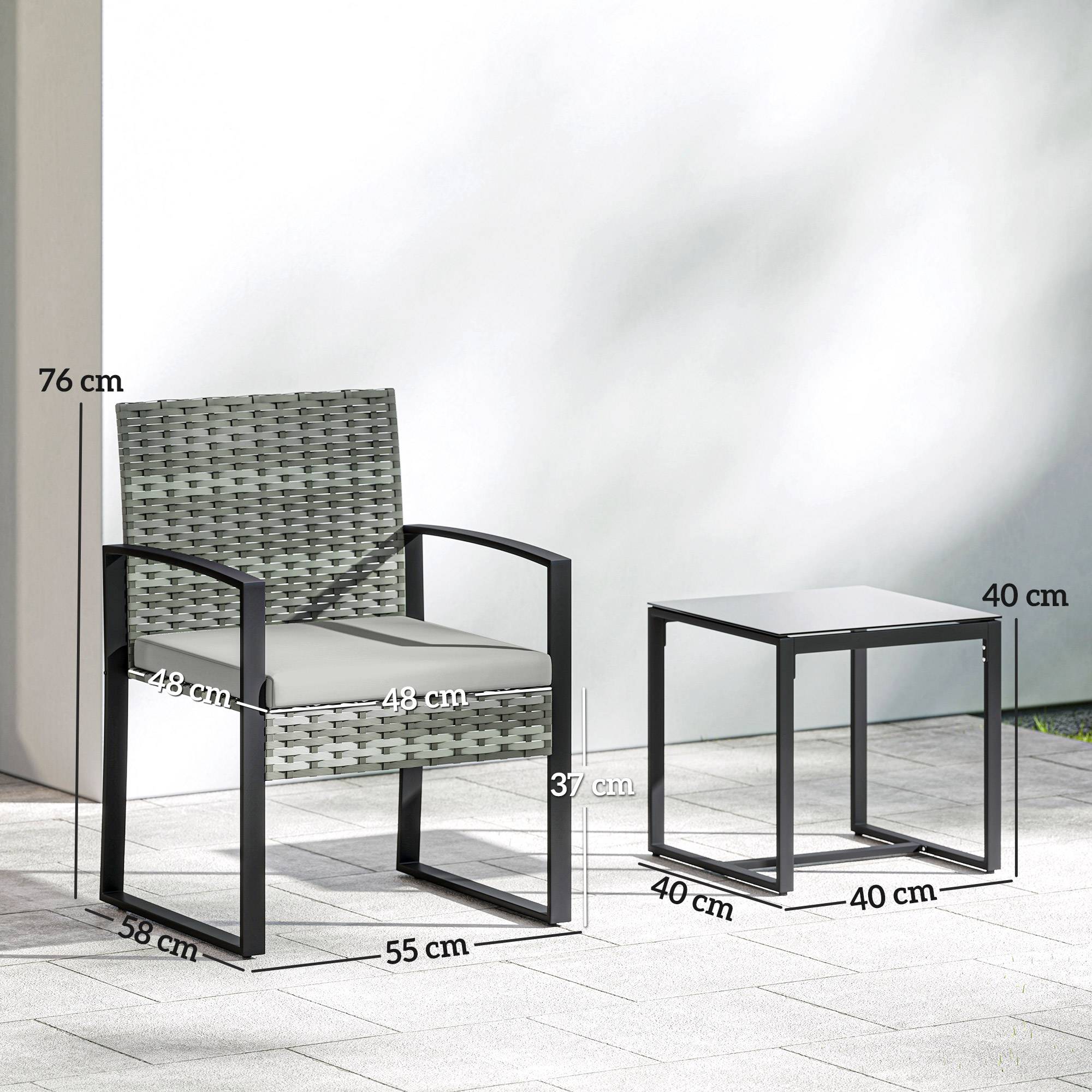 Ensemble bistro rotin 3 pièces : 2 fauteuils de jardin + table basse, coussins amovibles, gris clair - Image 3