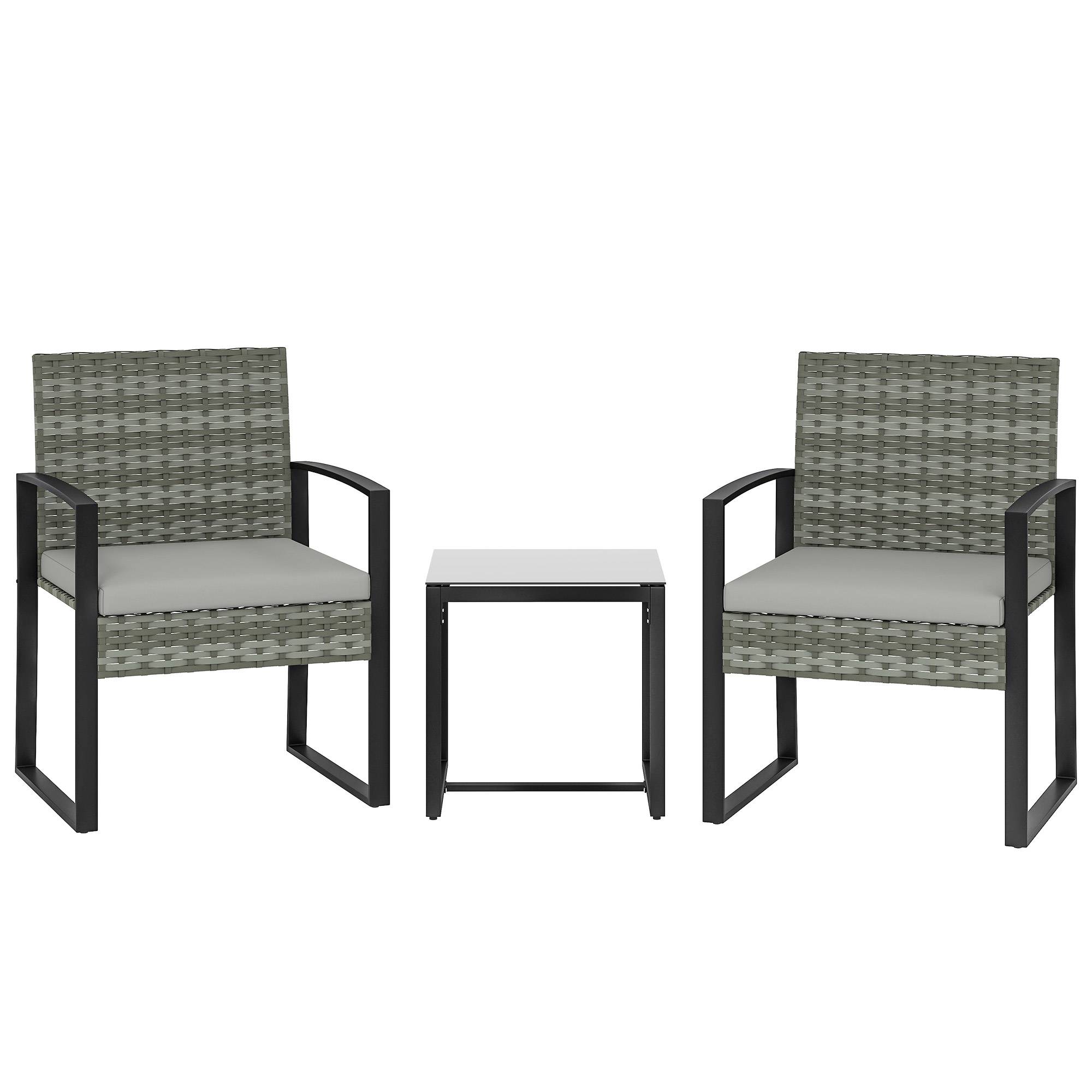 Ensemble bistro rotin 3 pièces : 2 fauteuils de jardin + table basse, coussins amovibles, gris clair - Image 1
