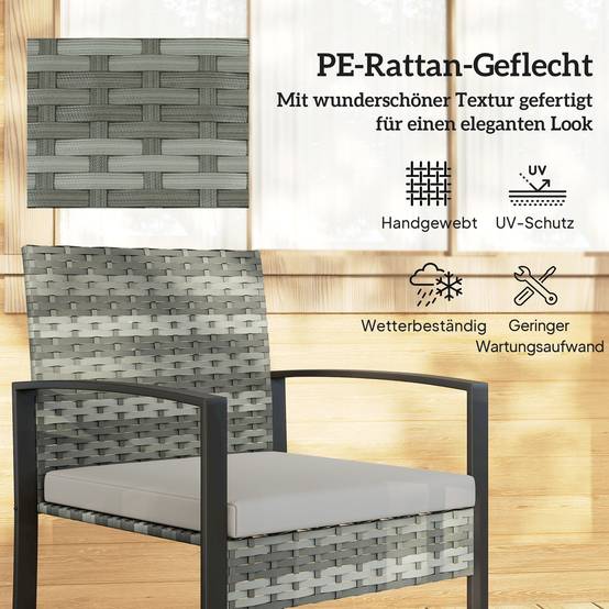 Ensemble bistro rotin 3 pièces : 2 fauteuils de jardin + table basse, coussins amovibles, gris clair - Image 5