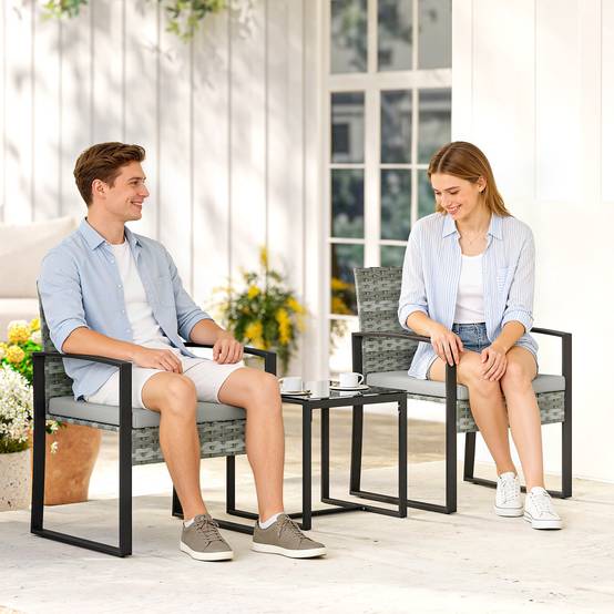 Ensemble bistro rotin 3 pièces : 2 fauteuils de jardin + table basse, coussins amovibles, gris clair - Image 2