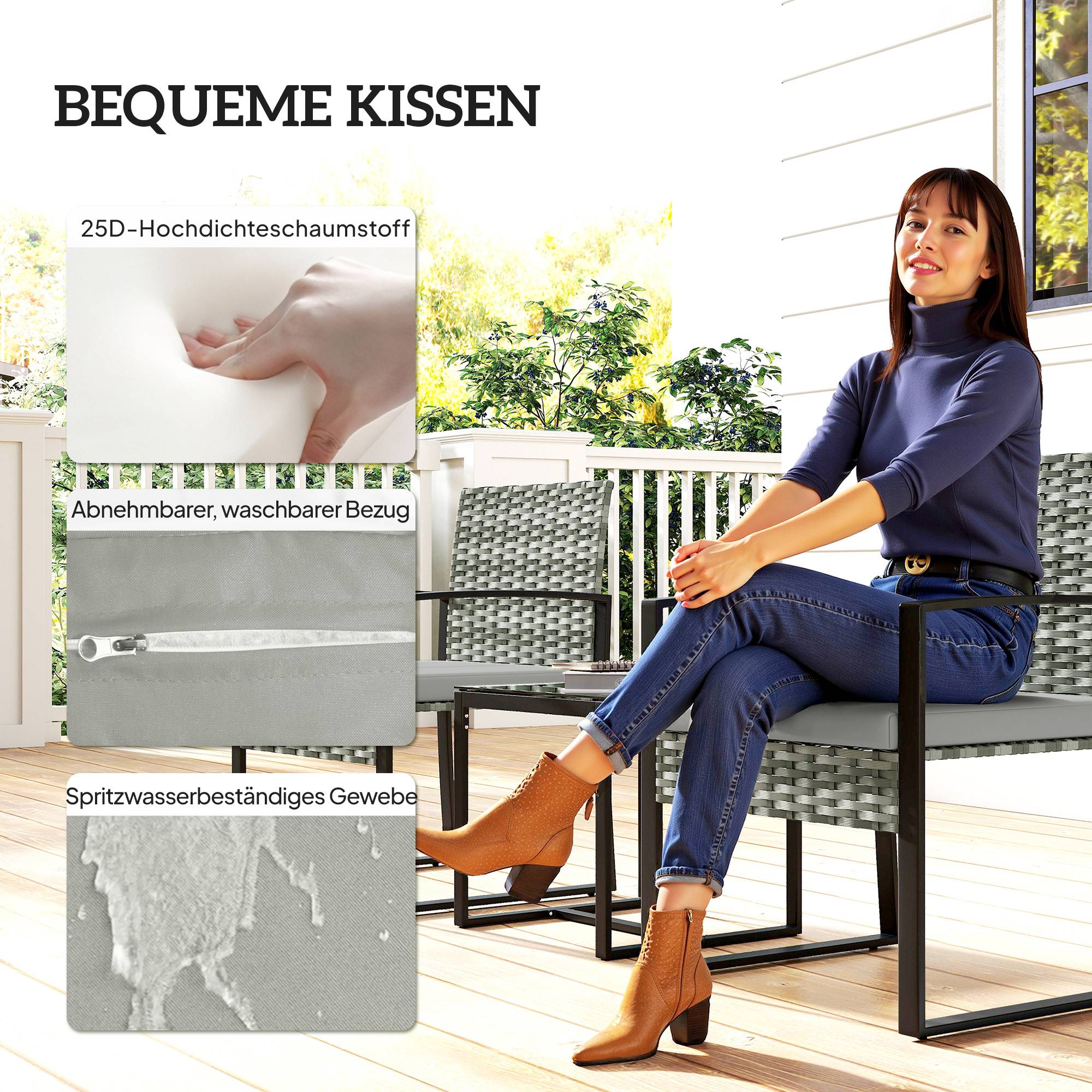Ensemble bistro rotin 3 pièces : 2 fauteuils de jardin + table basse, coussins amovibles, gris clair - Image 6