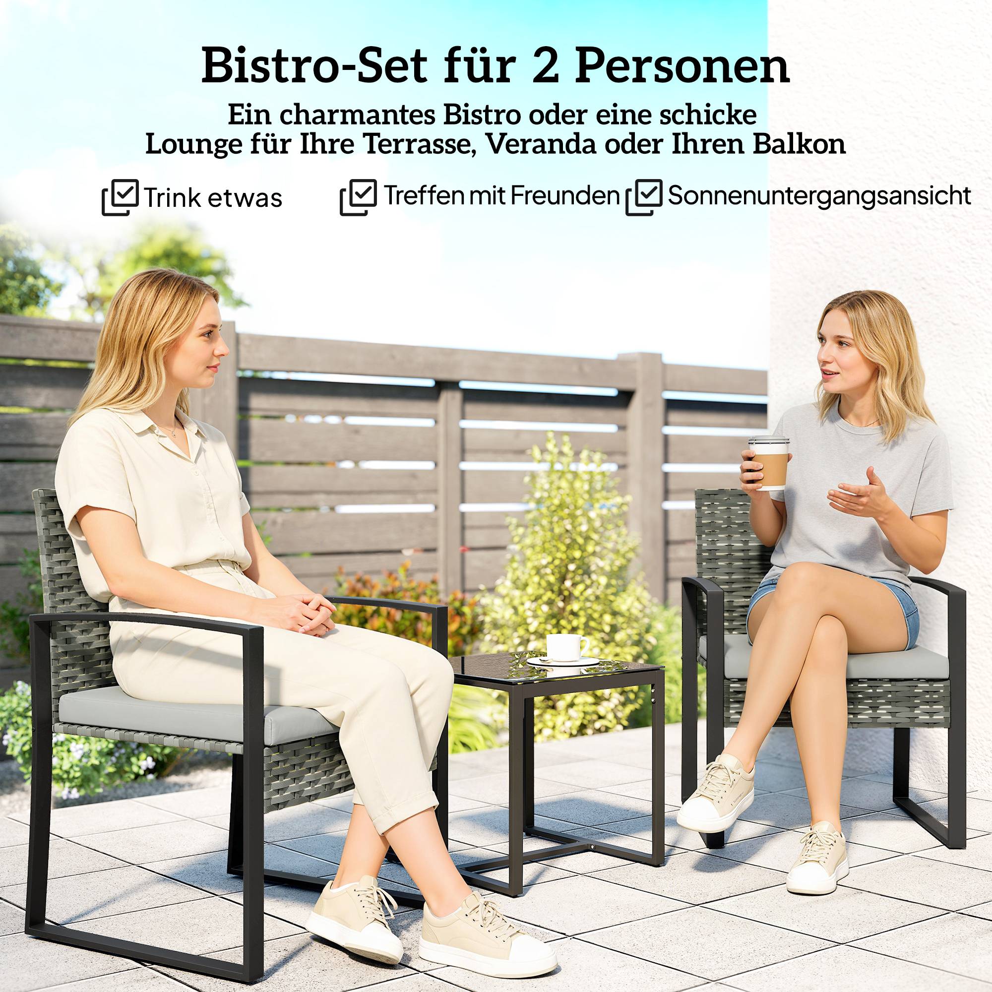 Ensemble bistro rotin 3 pièces : 2 fauteuils de jardin + table basse, coussins amovibles, gris clair - Image 4