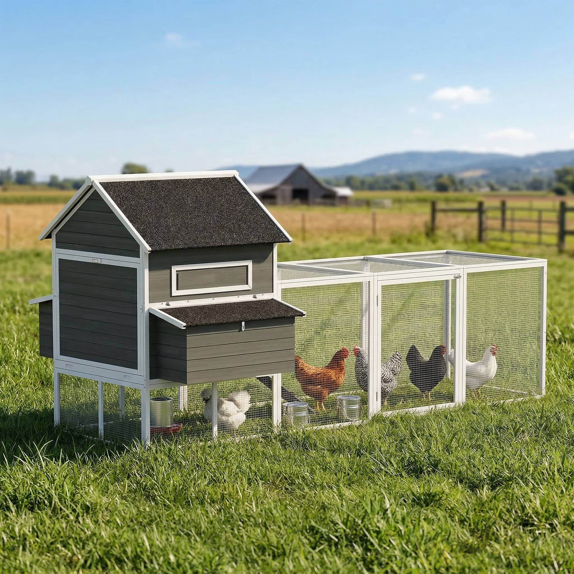 Poulailler en bois avec enclos extérieur, pondoir, toit amovible en asphalte, plateau pour 4 à 6 poules, 347 x 160 x 150 cm, gris foncé - Image 4