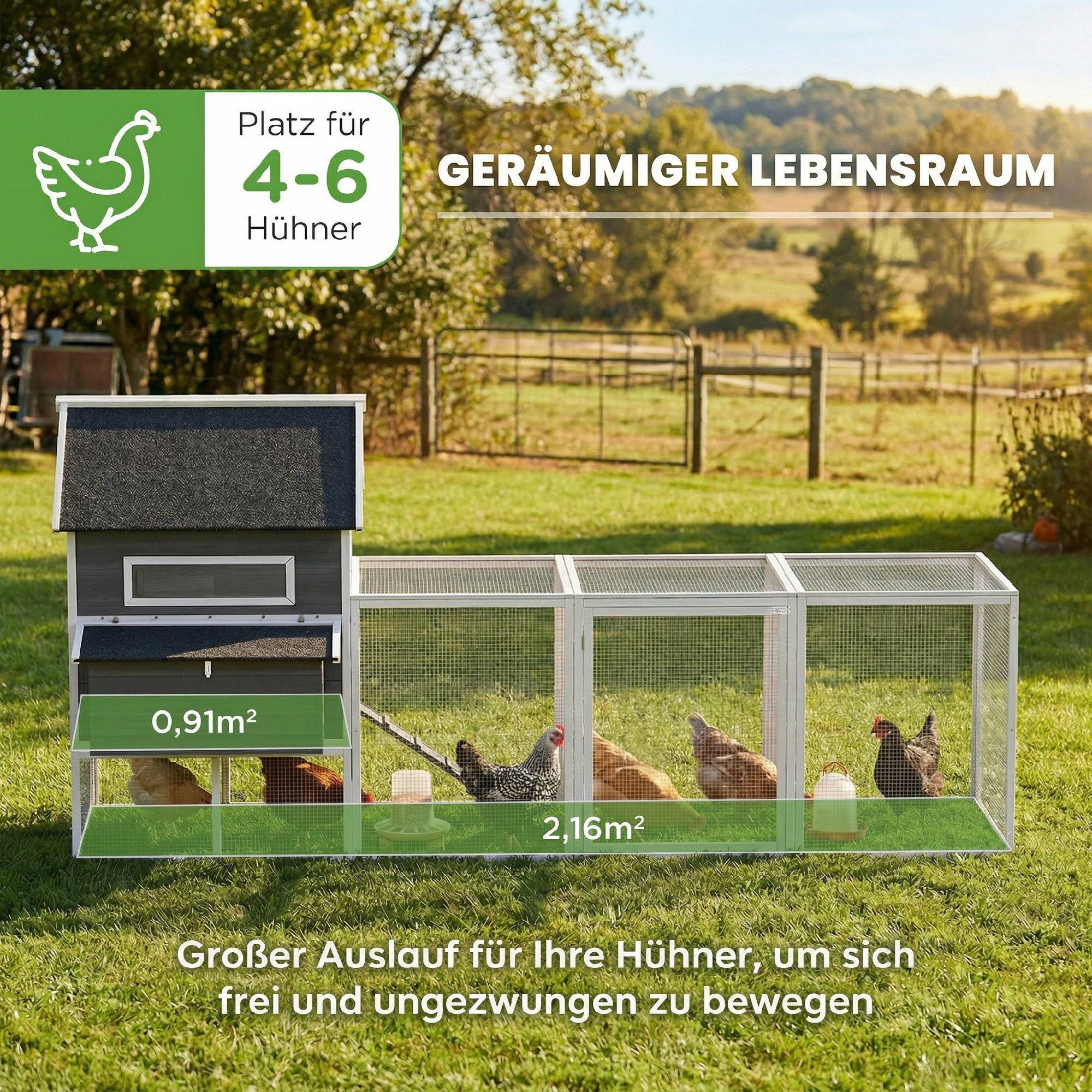 Poulailler en bois avec enclos extérieur, pondoir, toit amovible en asphalte, plateau pour 4 à 6 poules, 347 x 160 x 150 cm, gris foncé - Image 6