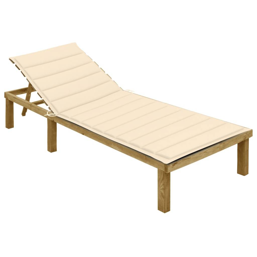 Helloshop26 - Transat chaise longue bain de soleil lit de jardin terrasse meuble d'extérieur avec coussin crème bois de pin imprégné - Imagen 1