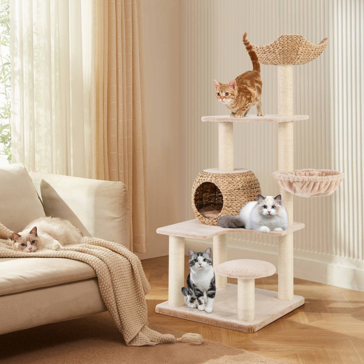 Arbre à Chat Tour pour Chat en Forme de Quenouille de 150 cm avec Griffoirs en Sisal Perchoir Cabane Hamac Doux Coussins Lavables Beige - Image 3