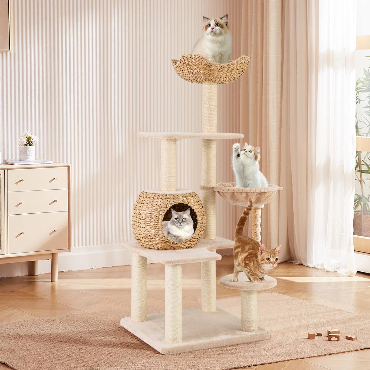 Arbre à Chat Tour pour Chat en Forme de Quenouille de 150 cm avec Griffoirs en Sisal Perchoir Cabane Hamac Doux Coussins Lavables Beige - Image 2