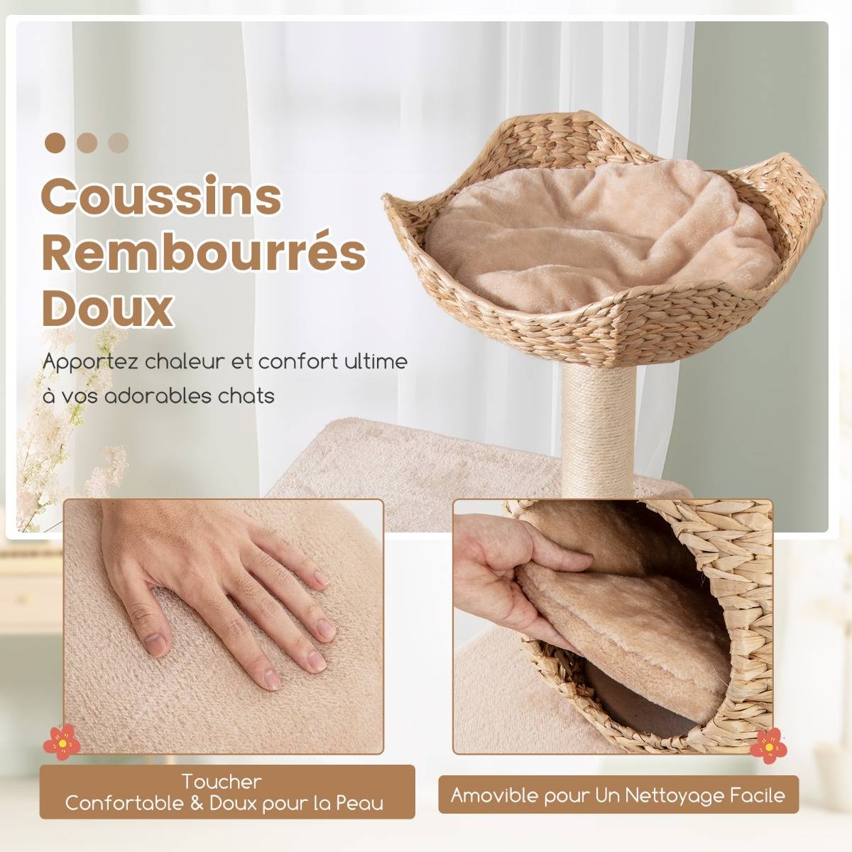 Arbre à Chat Tour pour Chat en Forme de Quenouille de 150 cm avec Griffoirs en Sisal Perchoir Cabane Hamac Doux Coussins Lavables Beige - Image 7