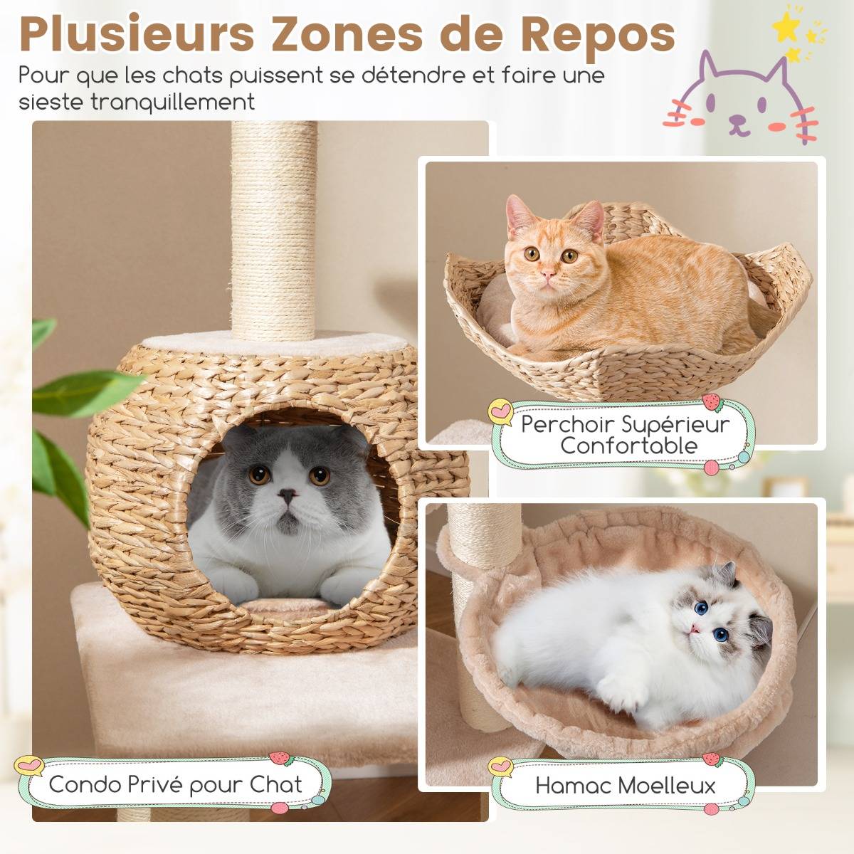 Arbre à Chat Tour pour Chat en Forme de Quenouille de 150 cm avec Griffoirs en Sisal Perchoir Cabane Hamac Doux Coussins Lavables Beige - Image 8