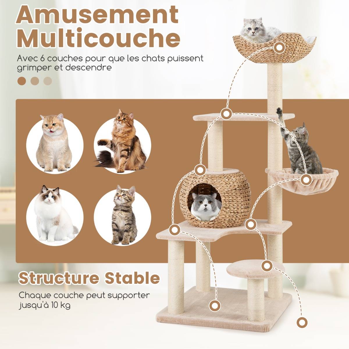Arbre à Chat Tour pour Chat en Forme de Quenouille de 150 cm avec Griffoirs en Sisal Perchoir Cabane Hamac Doux Coussins Lavables Beige - Image 9