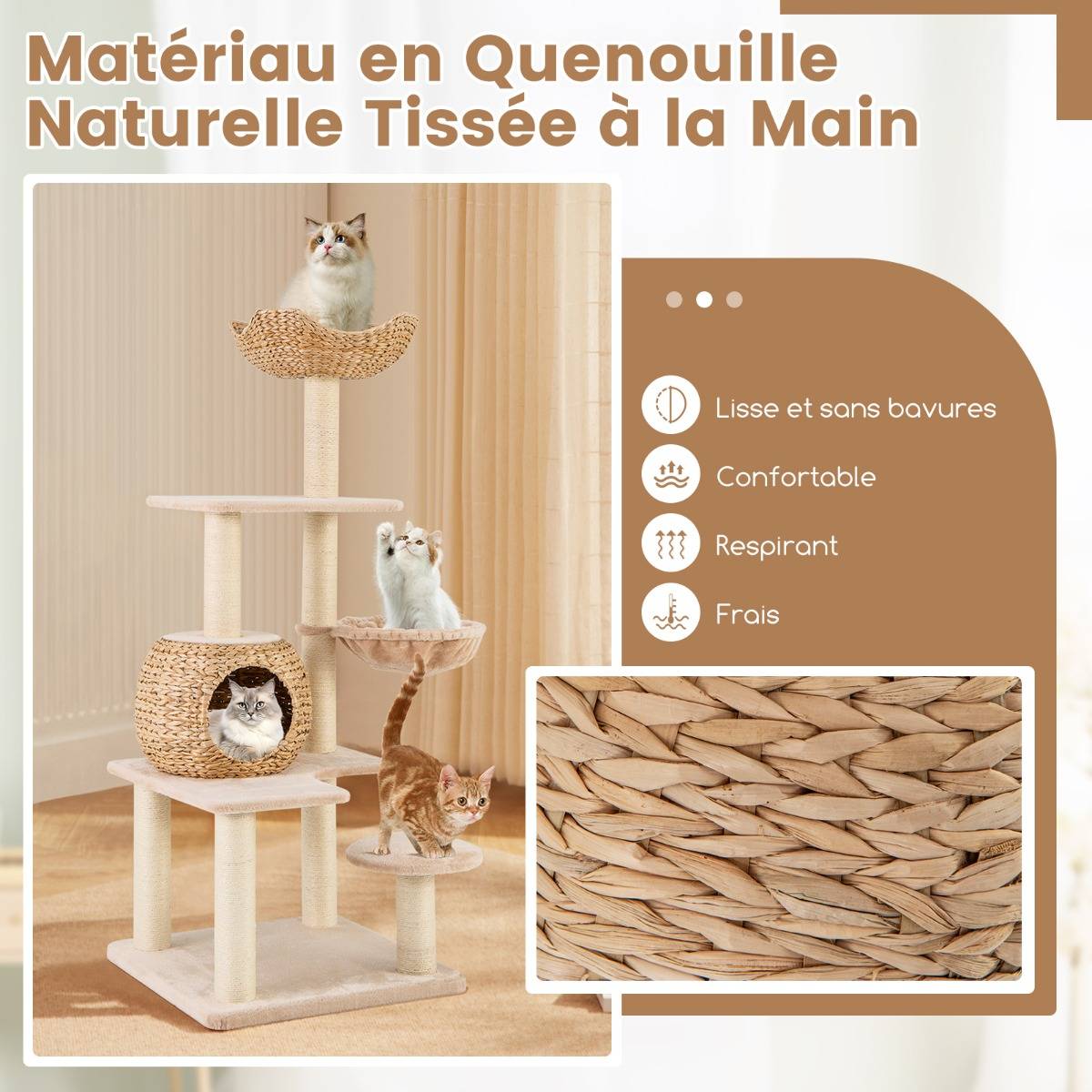 Arbre à Chat Tour pour Chat en Forme de Quenouille de 150 cm avec Griffoirs en Sisal Perchoir Cabane Hamac Doux Coussins Lavables Beige - Image 6