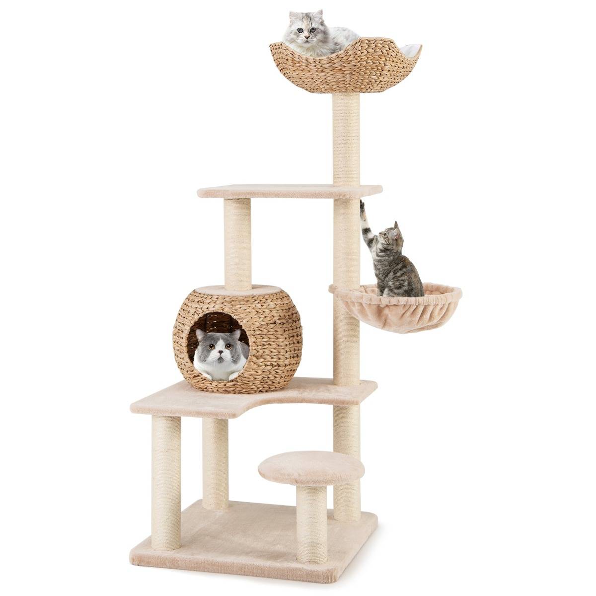 Arbre à Chat Tour pour Chat en Forme de Quenouille de 150 cm avec Griffoirs en Sisal Perchoir Cabane Hamac Doux Coussins Lavables Beige - Image 4