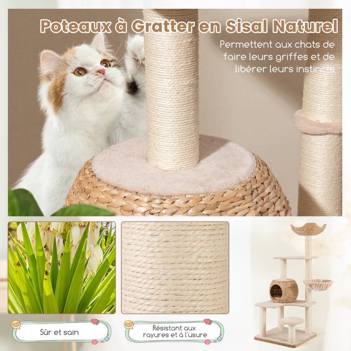 Arbre à Chat Tour pour Chat en Forme de Quenouille de 150 cm avec Griffoirs en Sisal Perchoir Cabane Hamac Doux Coussins Lavables Beige - Image 5