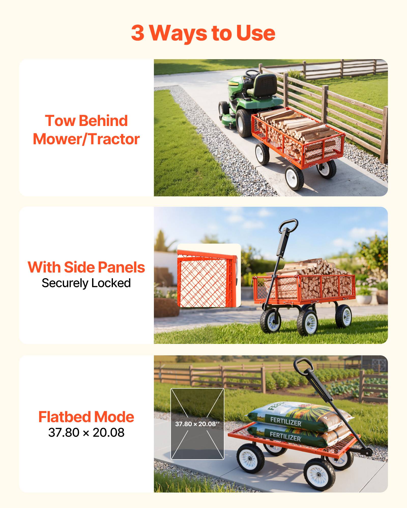 Vevor - VEVOR Chariot de jardin acier 408,2 kg, pneus PU 25,4 cm increvables, côtés amovibles, poignée réglable, kit d'accessoires, rouge. - Image 7