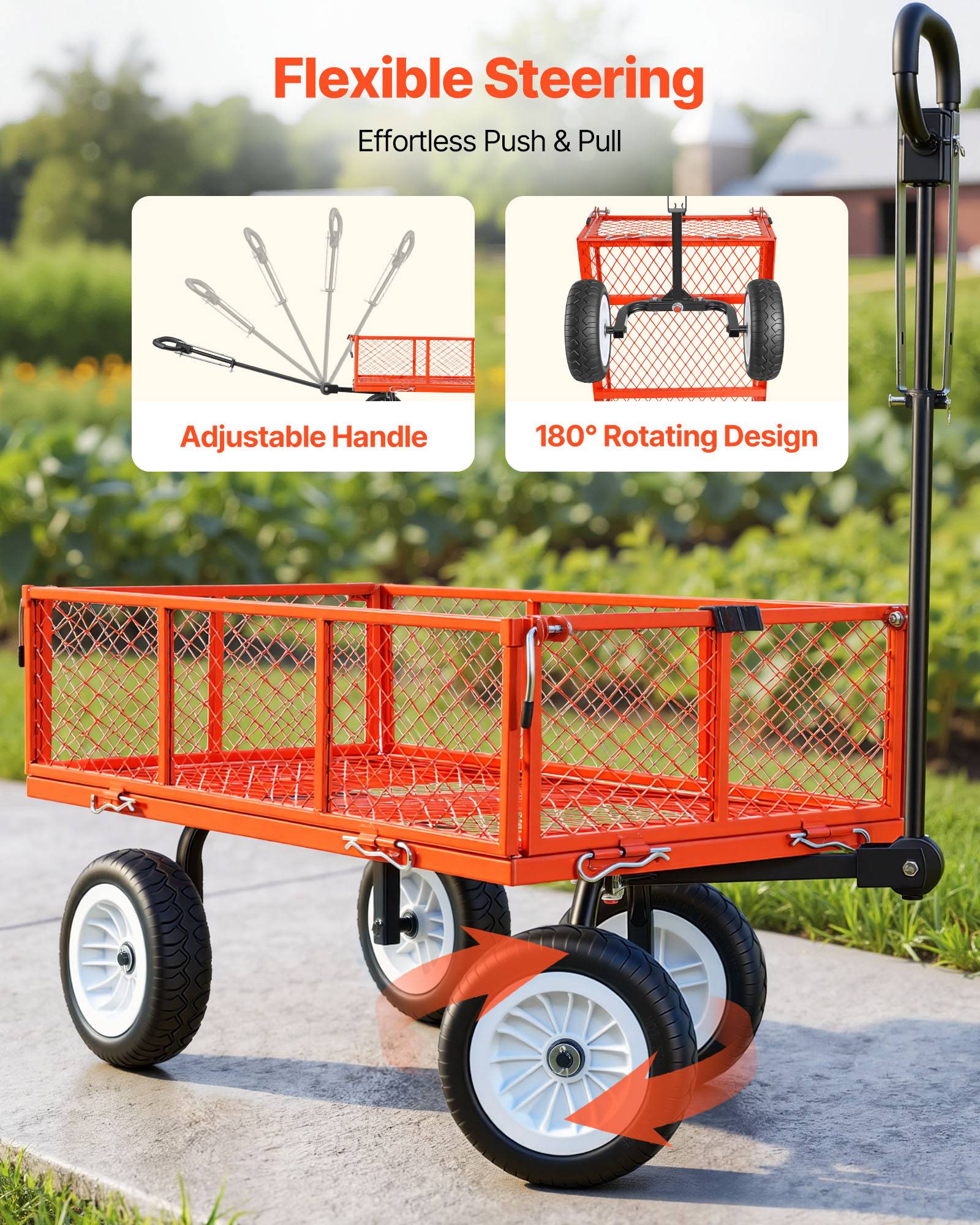 Vevor - VEVOR Chariot de jardin acier 408,2 kg, pneus PU 25,4 cm increvables, côtés amovibles, poignée réglable, kit d'accessoires, rouge. - Image 5