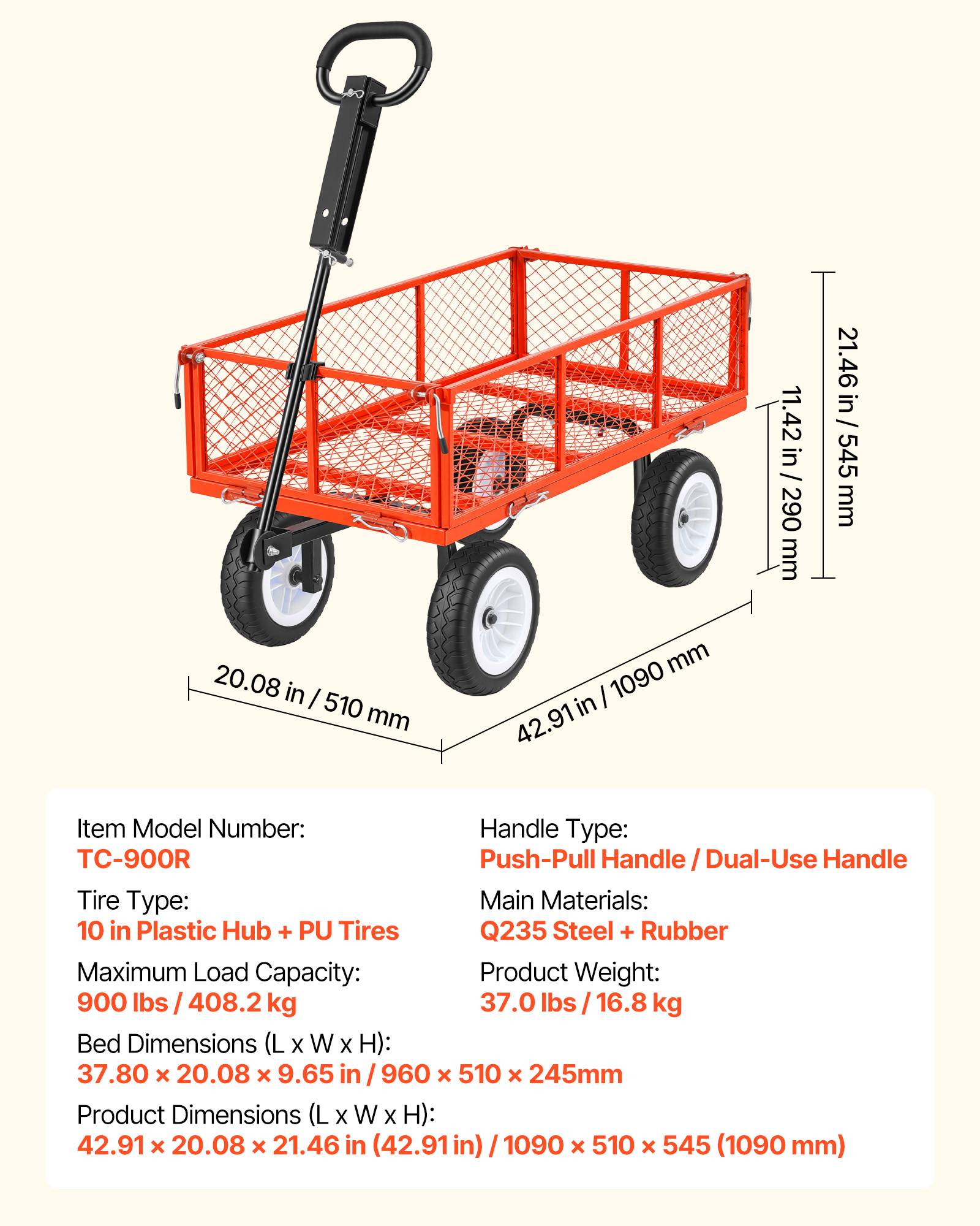 Vevor - VEVOR Chariot de jardin acier 408,2 kg, pneus PU 25,4 cm increvables, côtés amovibles, poignée réglable, kit d'accessoires, rouge. - Image 6