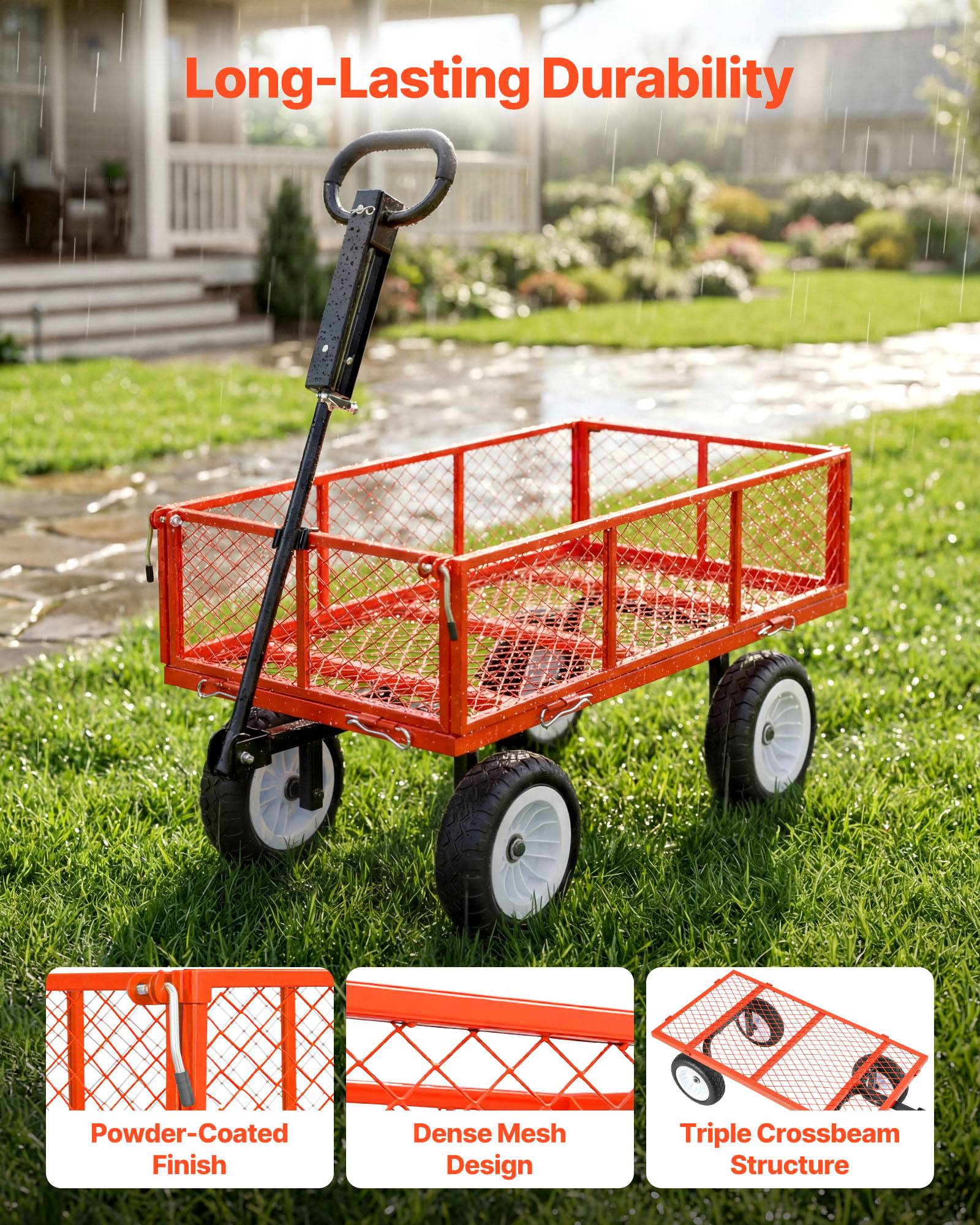 Vevor - VEVOR Chariot de jardin acier 408,2 kg, pneus PU 25,4 cm increvables, côtés amovibles, poignée réglable, kit d'accessoires, rouge. - Image 3