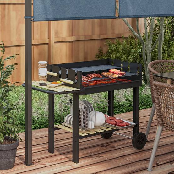 Barbecue à charbon BBQ grill sur pied avec double gril réglable 2 roues et 2 étagères dim. 113L x 53,5l x 82,5H cm noir - Image 3