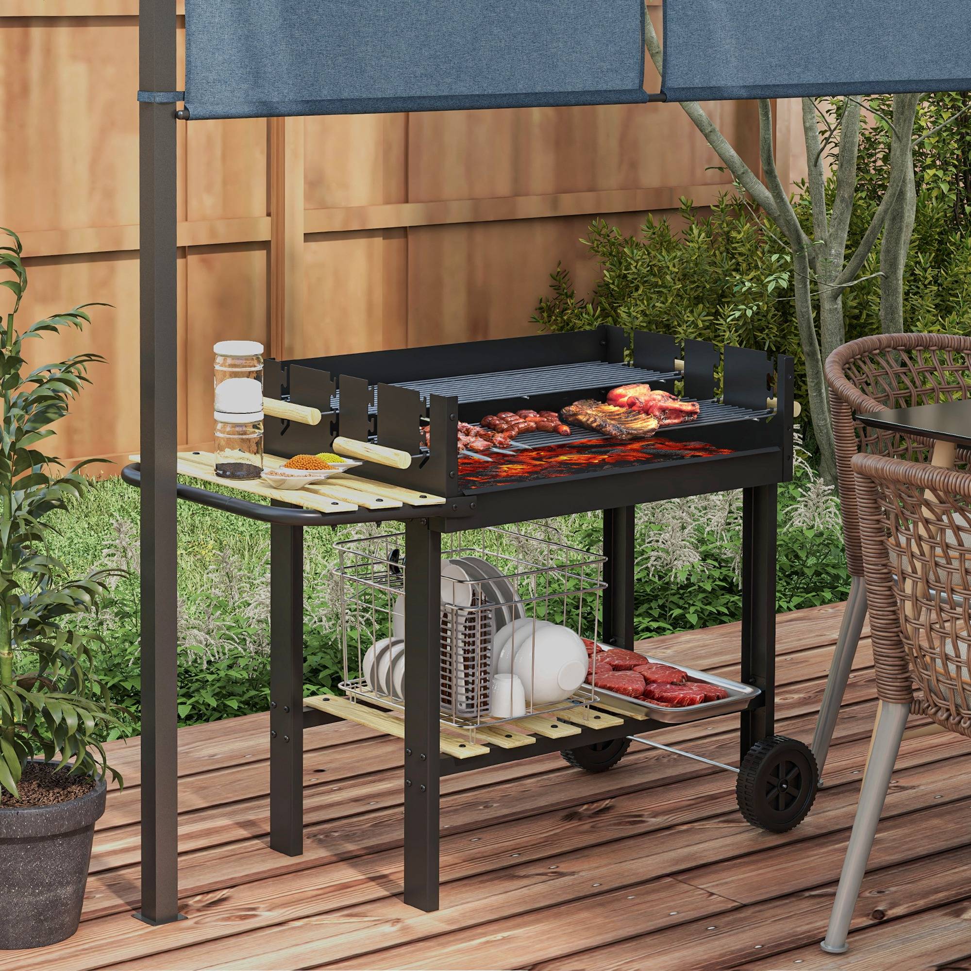 Barbecue à charbon BBQ grill sur pied avec double gril réglable 2 roues et 2 étagères dim. 113L x 53,5l x 82,5H cm noir - Image 3