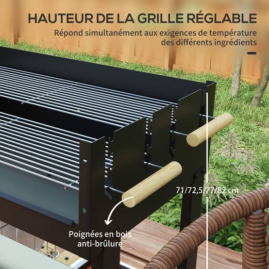 Barbecue à charbon BBQ grill sur pied avec double gril réglable 2 roues et 2 étagères dim. 113L x 53,5l x 82,5H cm noir - Image 7