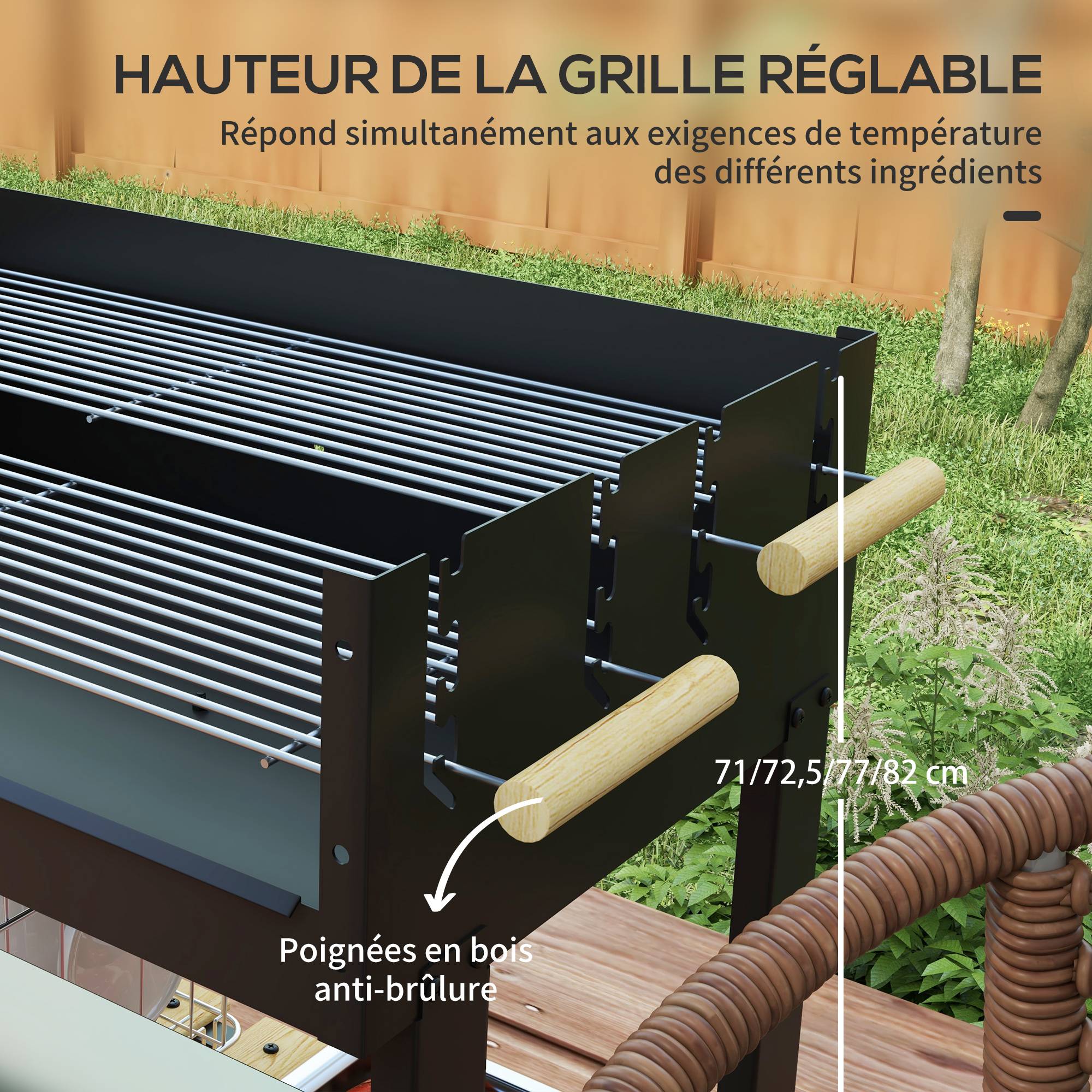 Barbecue à charbon BBQ grill sur pied avec double gril réglable 2 roues et 2 étagères dim. 113L x 53,5l x 82,5H cm noir - Image 7