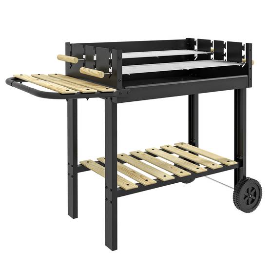 Barbecue à charbon BBQ grill sur pied avec double gril réglable 2 roues et 2 étagères dim. 113L x 53,5l x 82,5H cm noir - Image 1