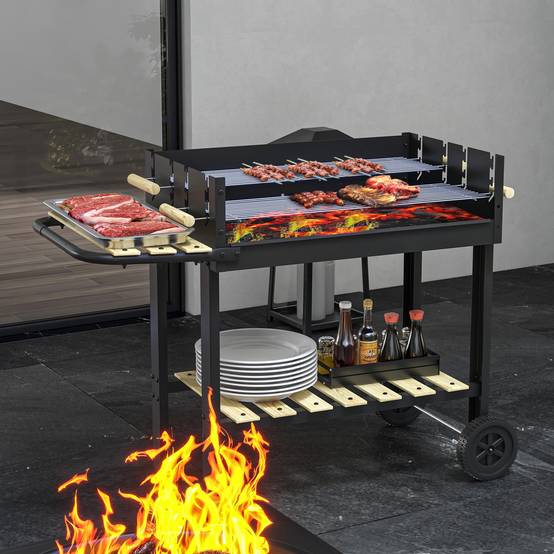 Barbecue à charbon BBQ grill sur pied avec double gril réglable 2 roues et 2 étagères dim. 113L x 53,5l x 82,5H cm noir - Image 4