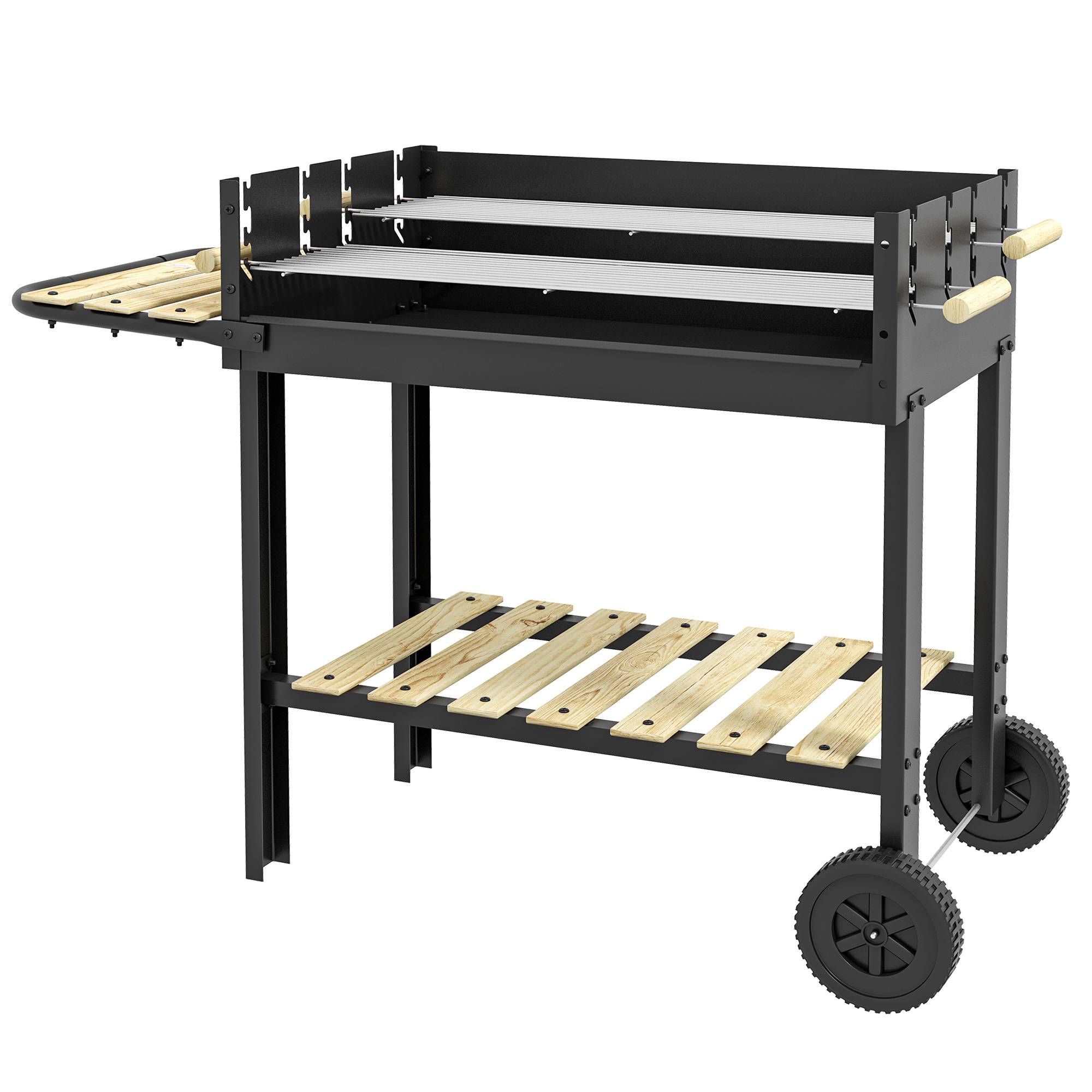 Barbecue à charbon BBQ grill sur pied avec double gril réglable 2 roues et 2 étagères dim. 113L x 53,5l x 82,5H cm noir - Image 2