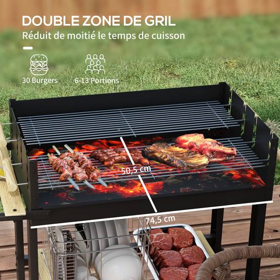 Barbecue à charbon BBQ grill sur pied avec double gril réglable 2 roues et 2 étagères dim. 113L x 53,5l x 82,5H cm noir - Image 6