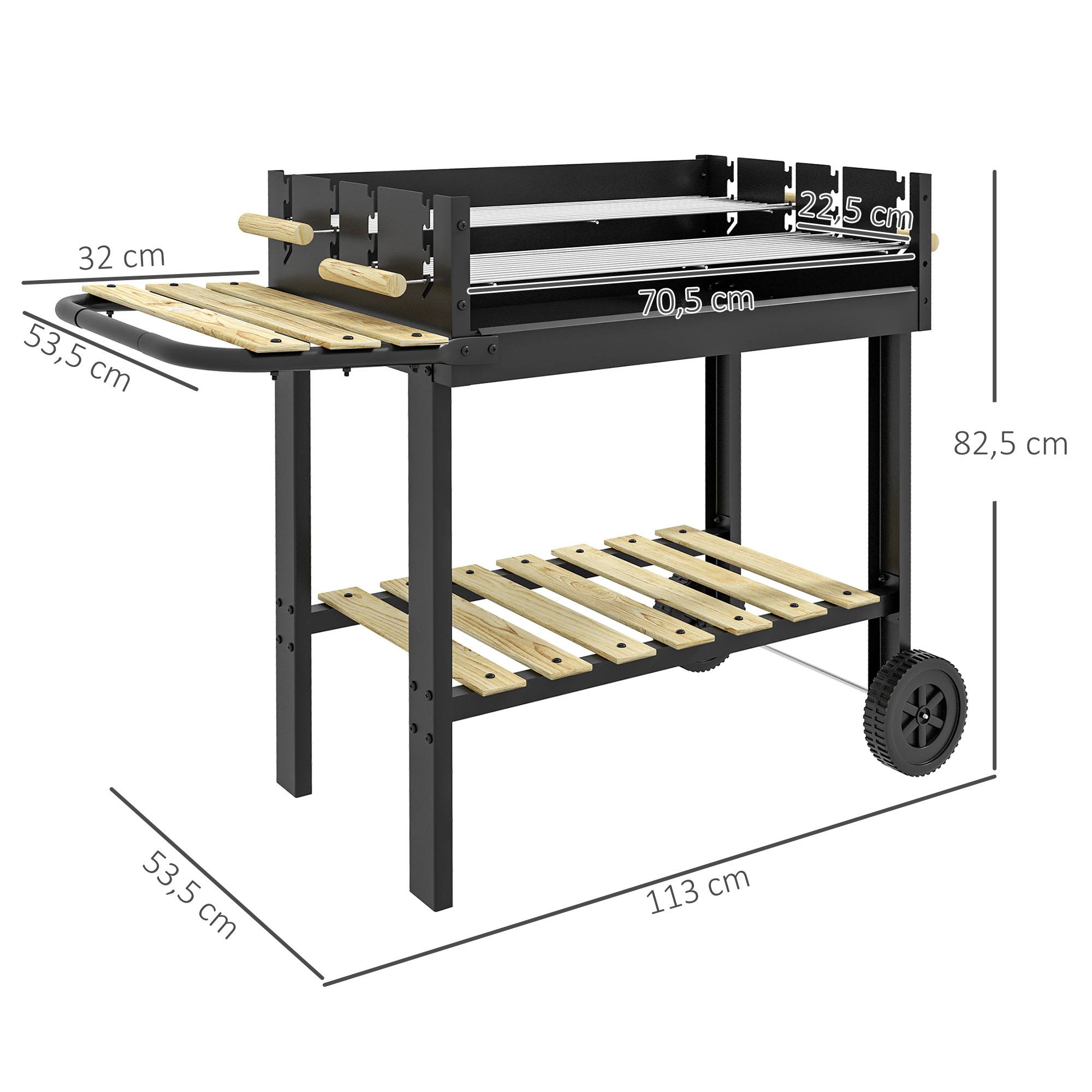 Barbecue à charbon BBQ grill sur pied avec double gril réglable 2 roues et 2 étagères dim. 113L x 53,5l x 82,5H cm noir - Image 5