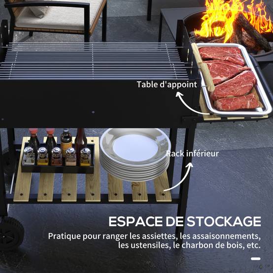 Barbecue à charbon BBQ grill sur pied avec double gril réglable 2 roues et 2 étagères dim. 113L x 53,5l x 82,5H cm noir - Image 8