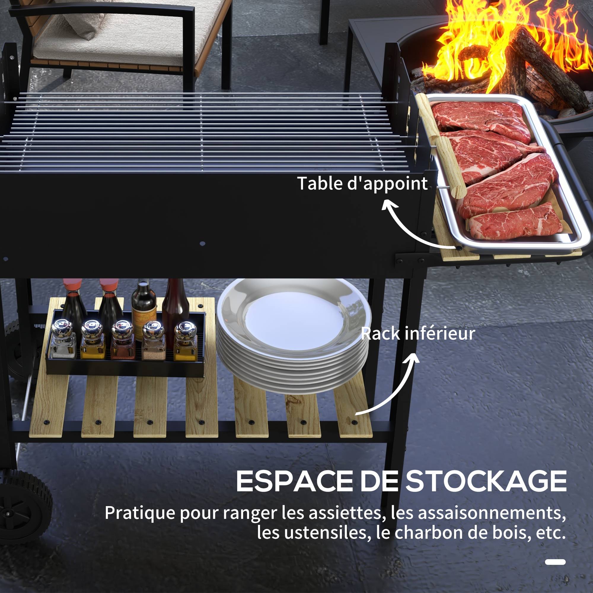 Barbecue à charbon BBQ grill sur pied avec double gril réglable 2 roues et 2 étagères dim. 113L x 53,5l x 82,5H cm noir - Image 8