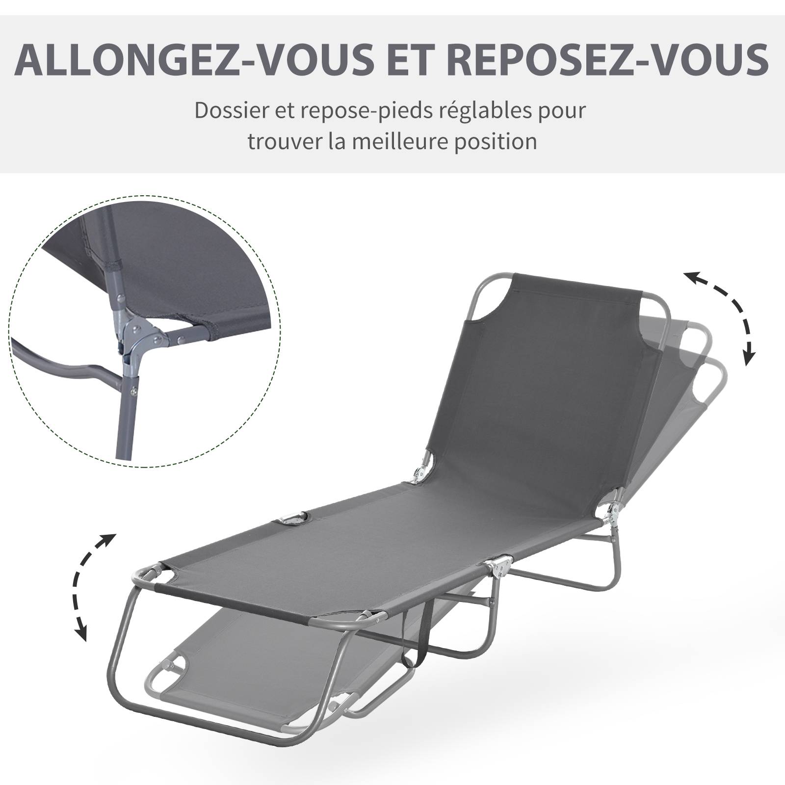Bain de Soleil transat Pliable Dossier réglable Multipositions métal et Polyester Gris fr119 - Image 6
