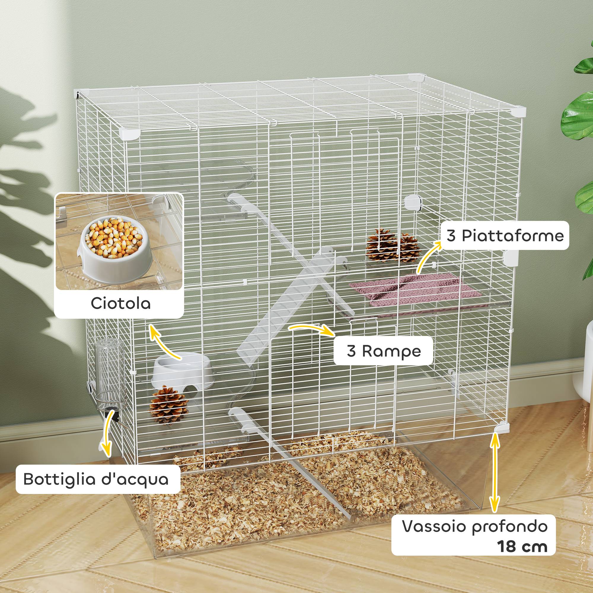 Cage Multigrillagée Acier PET Furets Chinchillas Bac Profond 73x47x80cm Blanc - ComfortXL Outdoor Living - Image 7