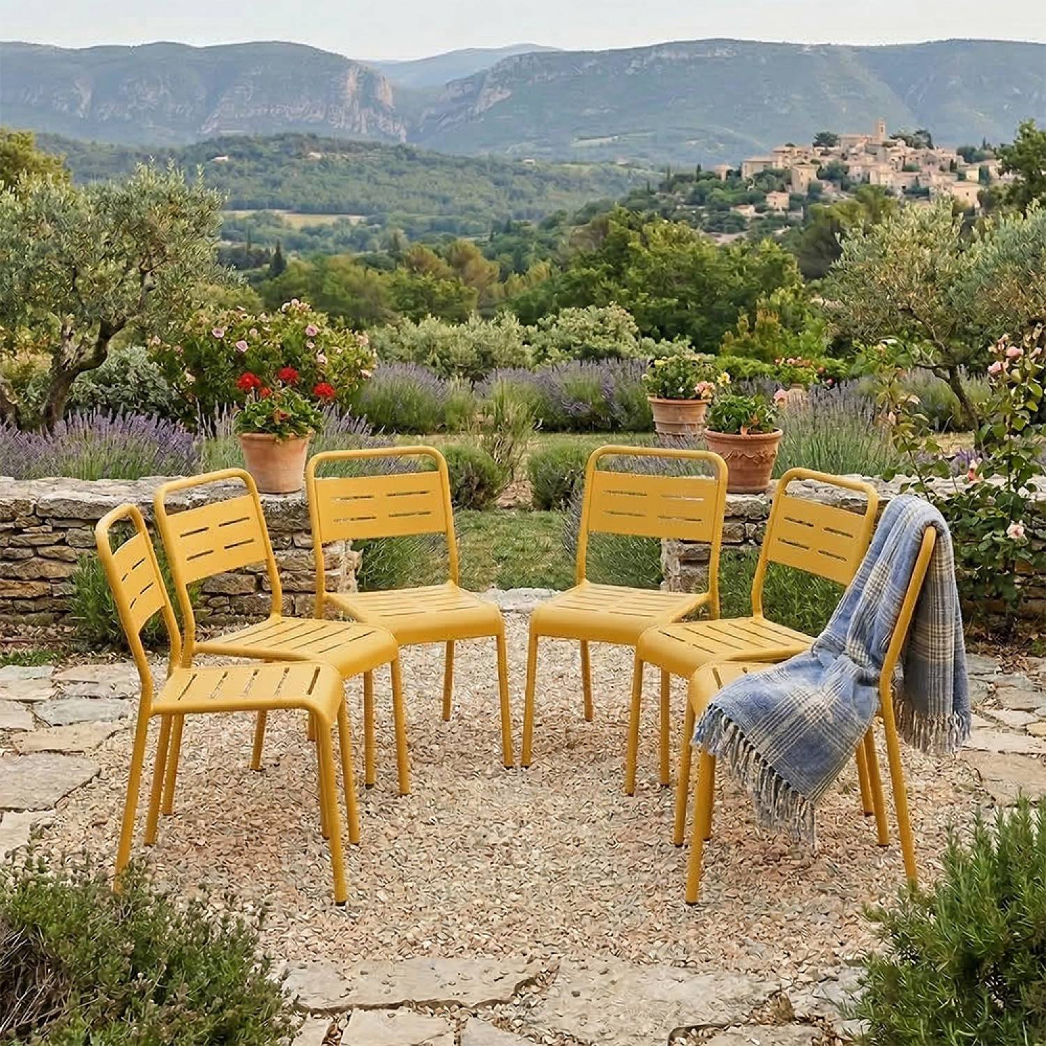 Lot de 6 chaises de jardin empilables jaunes BERGAME - Image 4