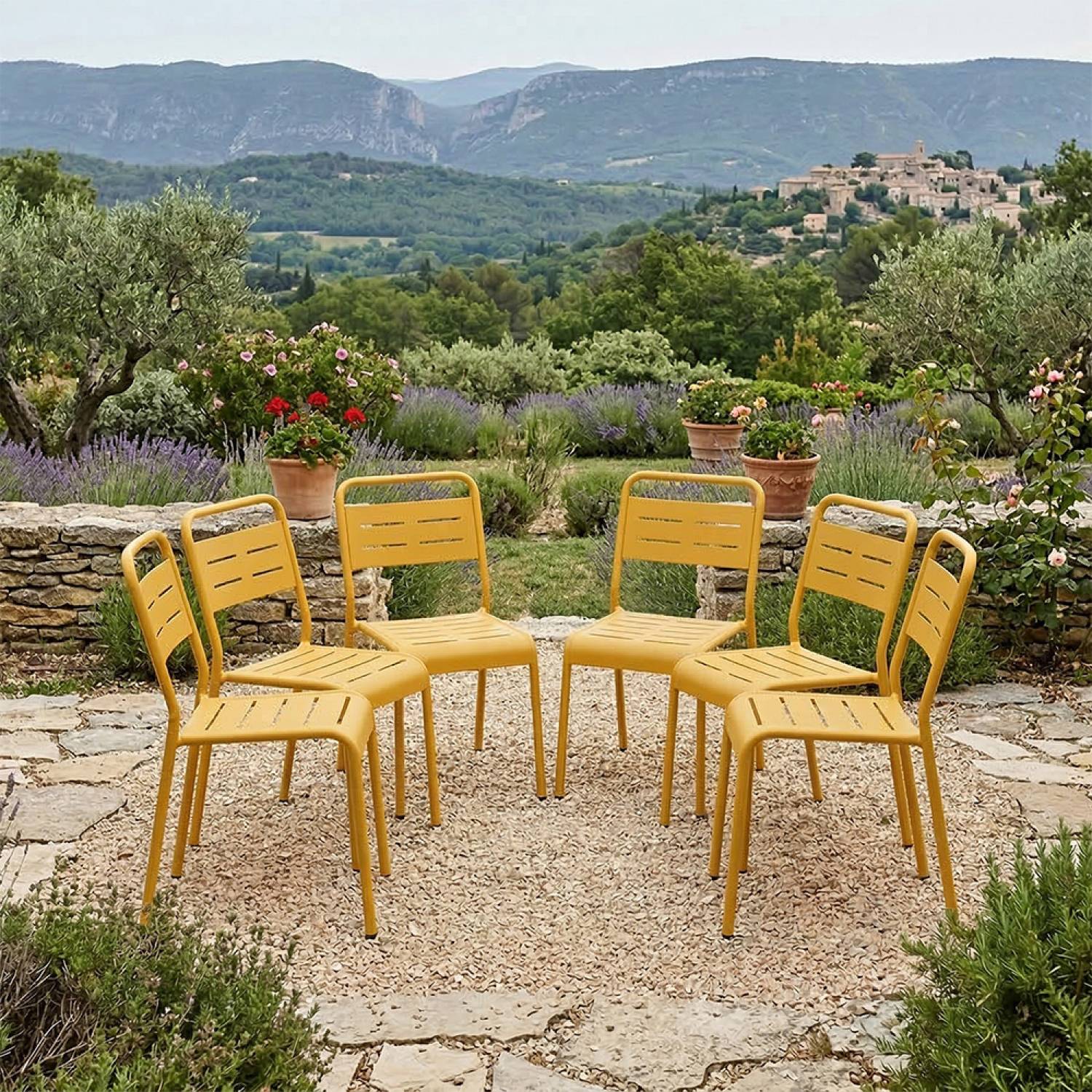 Lot de 6 chaises de jardin empilables jaunes BERGAME - Image 2