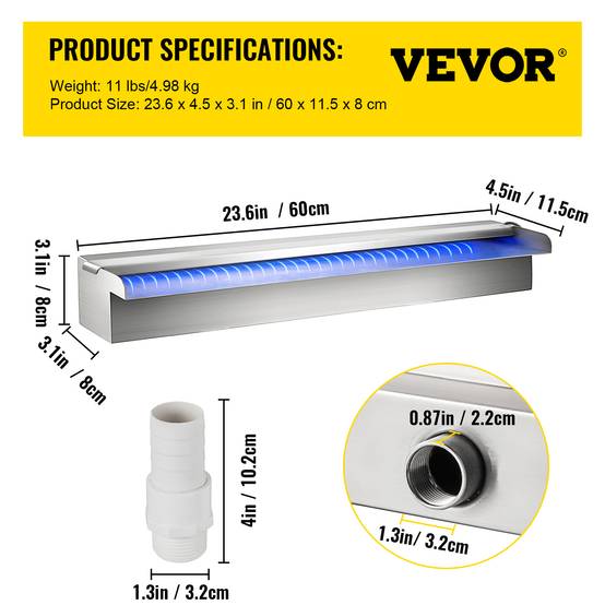 VEVOR Fontaine piscine/étang inox 60x11.5x8cm, 2 conduits d'eau, télécommande, pour décoration extérieure. - Image 7