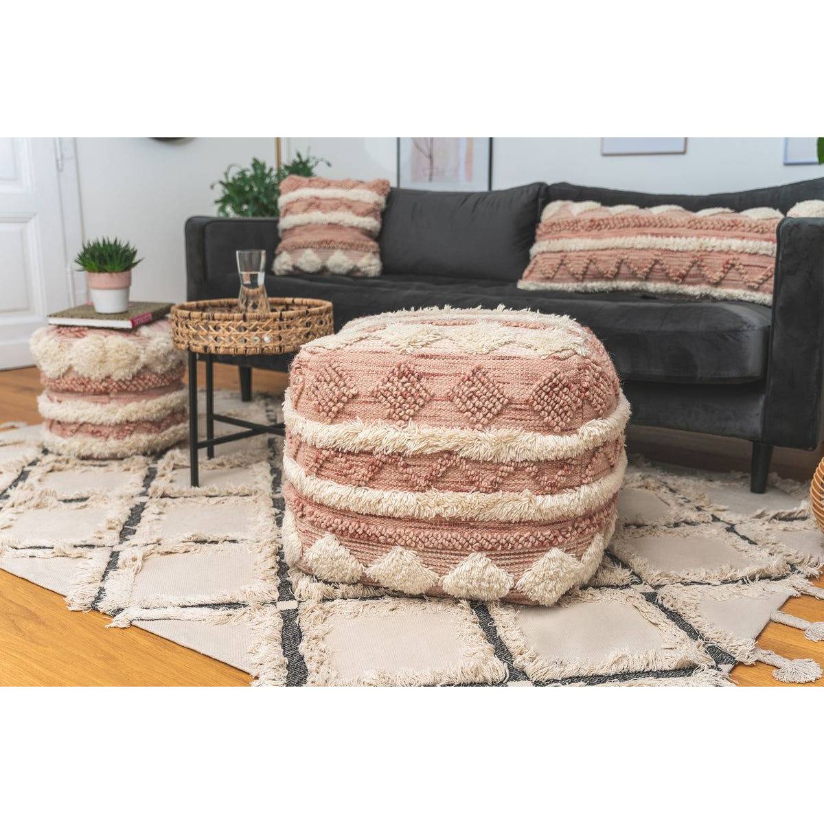 Pouf Bohème Fait à la Main "Bohist" 50cm Rose & Crème - Image 4