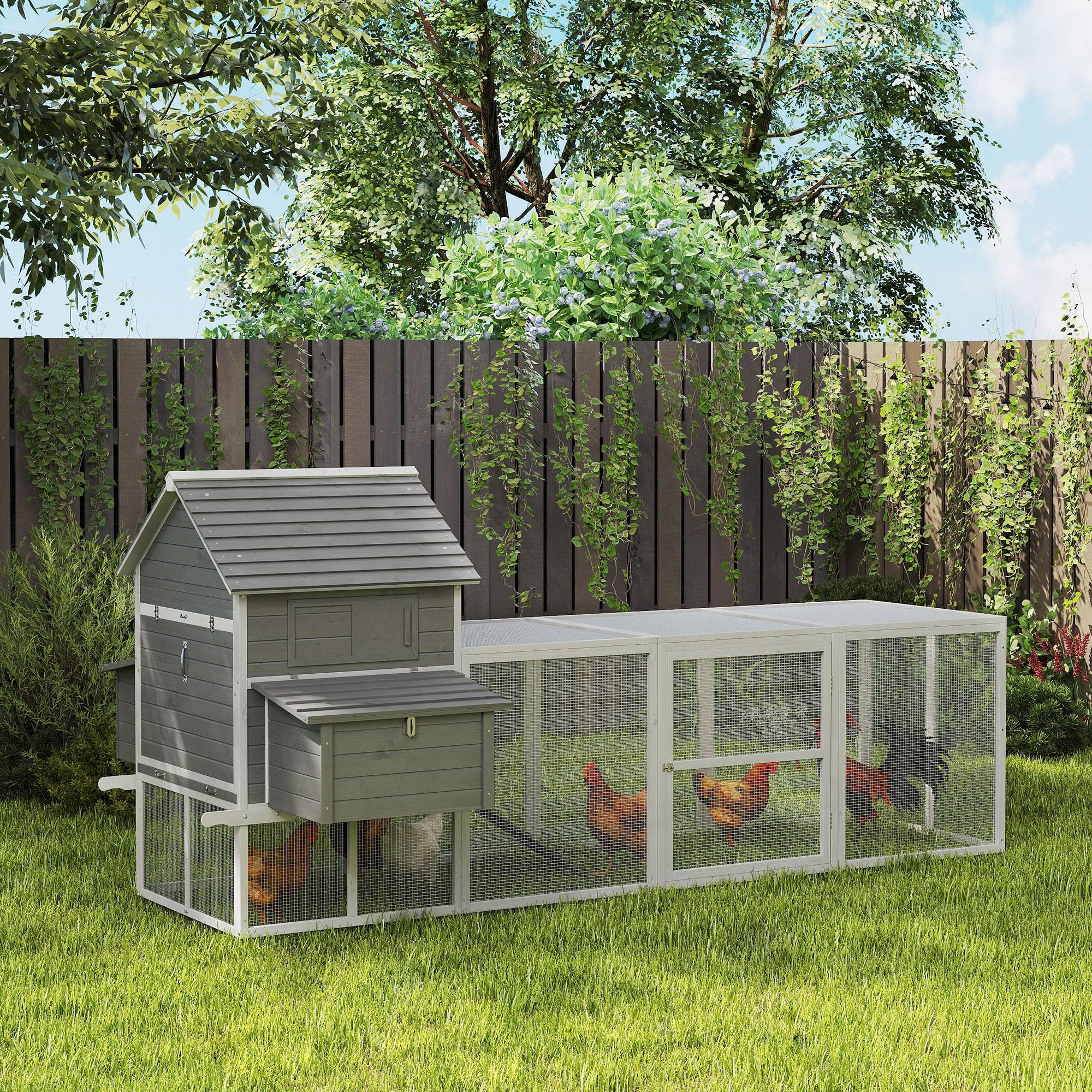 Poulailler de jardin avec abri, rampe et espace ouvert, 310,5 x 149,5 x 149 cm, gris - Image 4