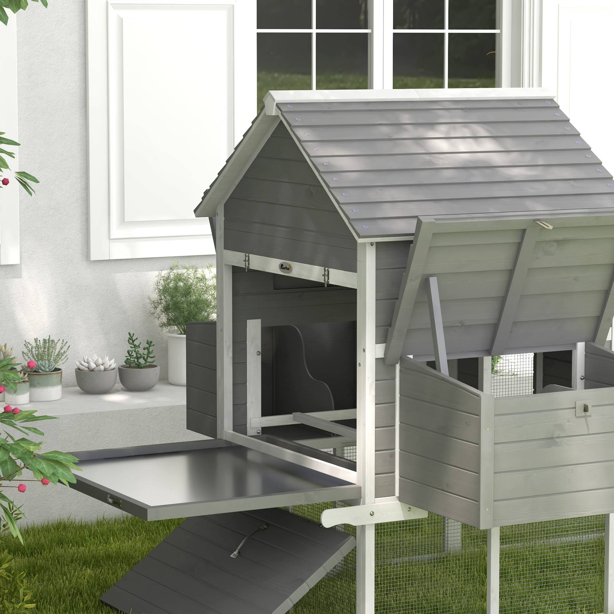 Poulailler de jardin avec abri, rampe et espace ouvert, 310,5 x 149,5 x 149 cm, gris - Image 10