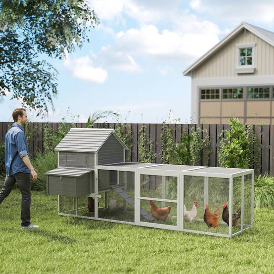 Poulailler de jardin avec abri, rampe et espace ouvert, 310,5 x 149,5 x 149 cm, gris - Image 3
