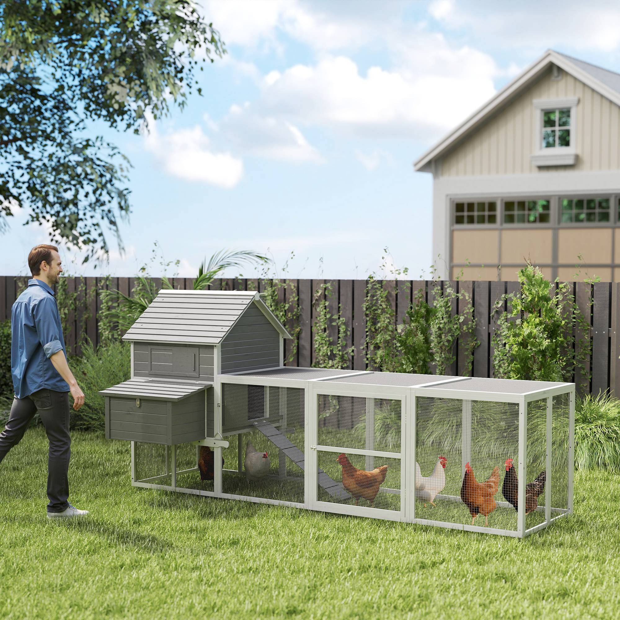 Poulailler de jardin avec abri, rampe et espace ouvert, 310,5 x 149,5 x 149 cm, gris - Image 3